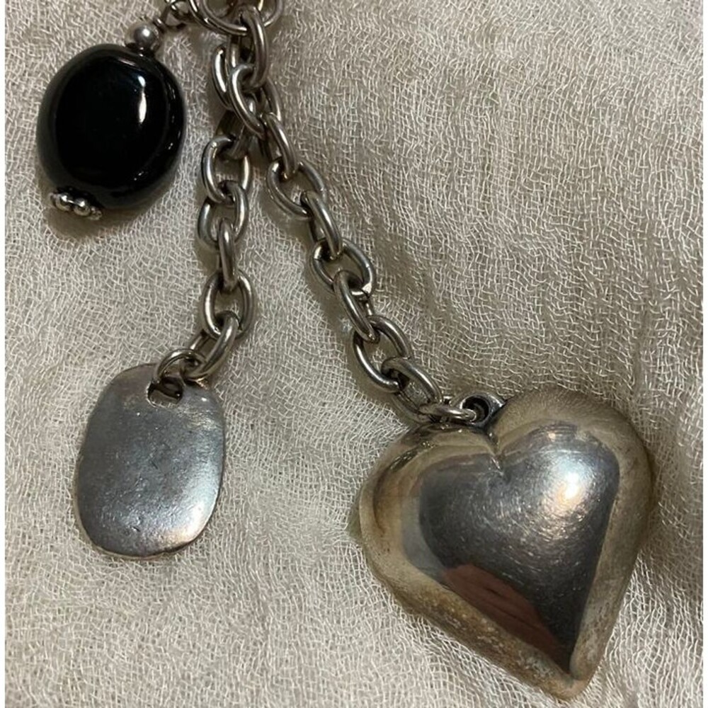 Vintage Silver Tone Puffy Heart Key Chain with Black Glass Charm